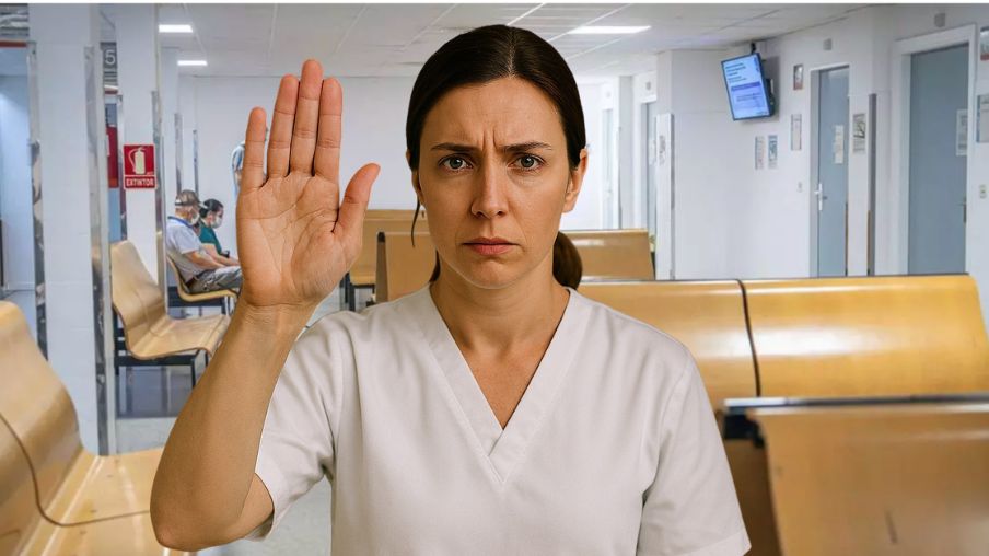 enfermera levanta la mano