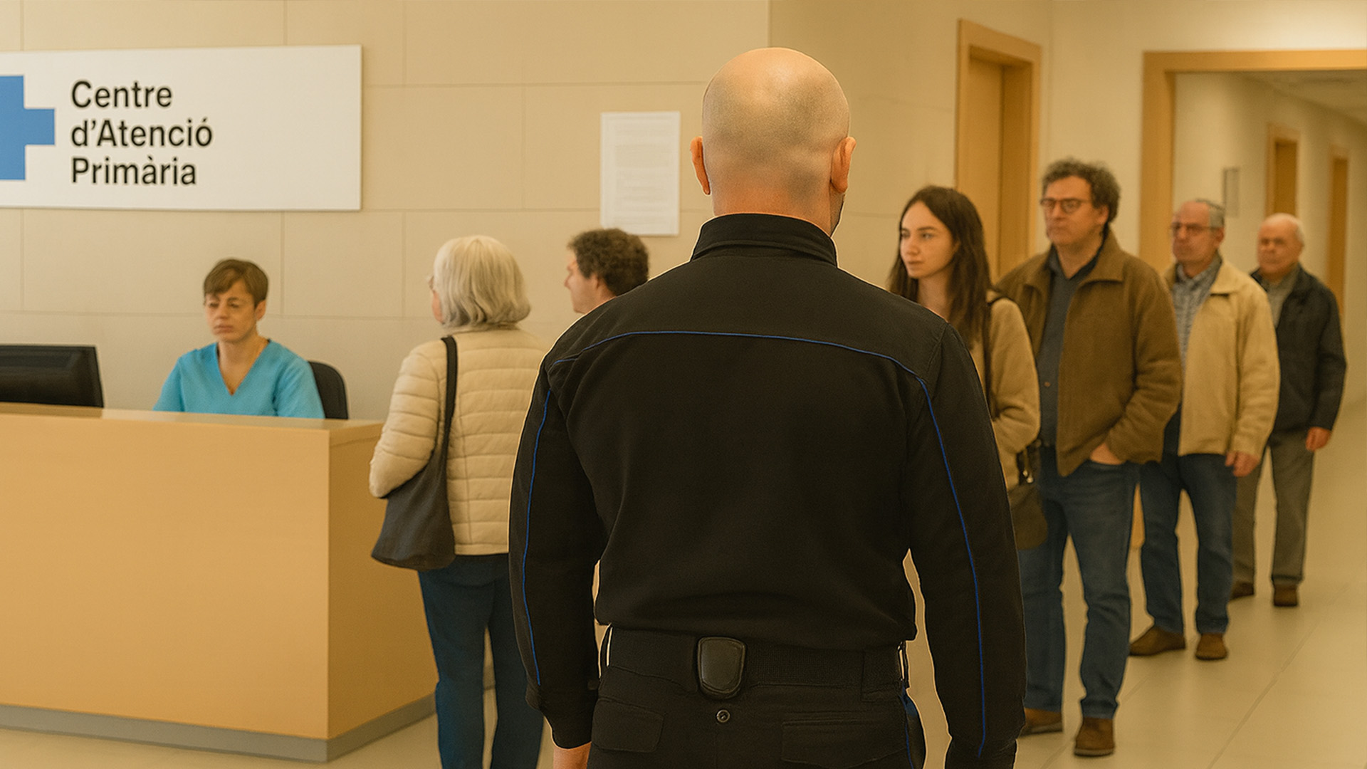 vigilant de seguretat i persones fent cua per entrar a un centre d'atenció primària