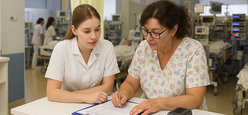 Infermera jove escoltant infermera veterana