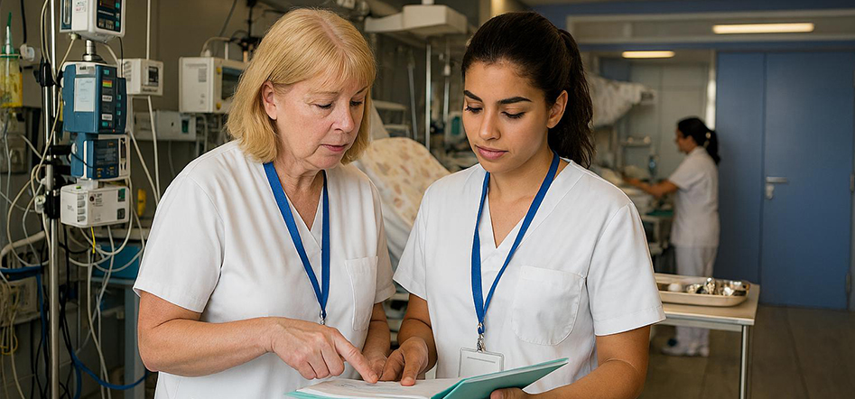 Una infermera explica a una més jove